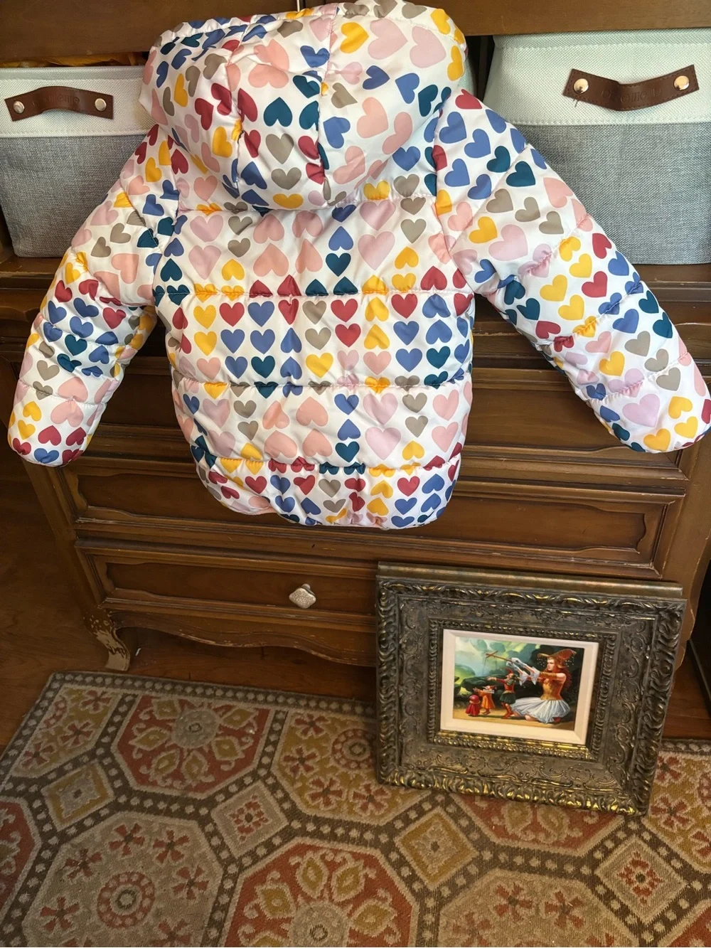 Carter's Girls Hooded Puffer Jacket with Multicolor Heart Print | Size L 6X EUC